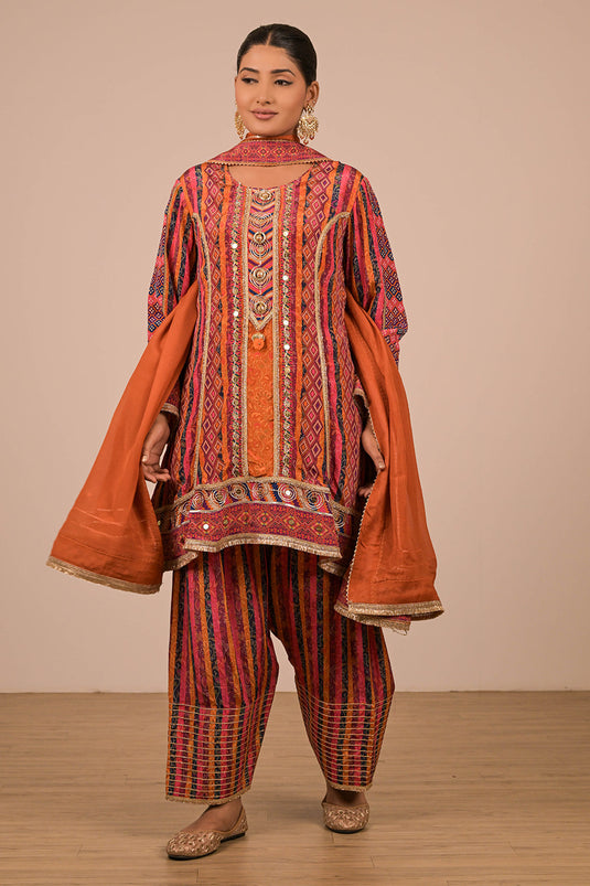 Orange Crepe Suit Set with Farsi Salwar with Canvas Tote Bag