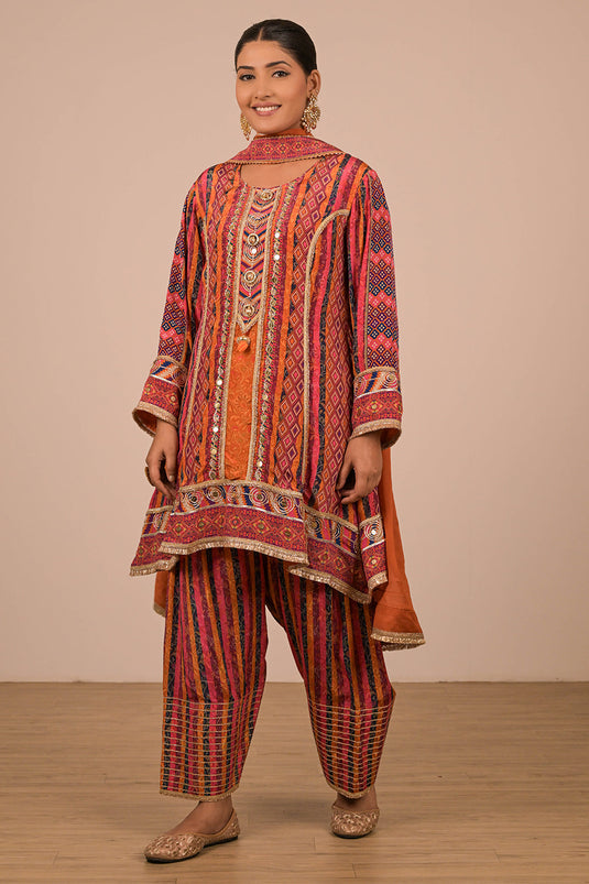 Orange Crepe Suit Set with Farsi Salwar with Canvas Tote Bag