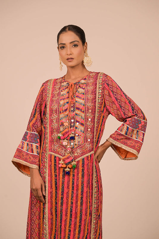 Orange Embroidered Crepe A-Line Suit with Dupatta & Canvas Tote Bag