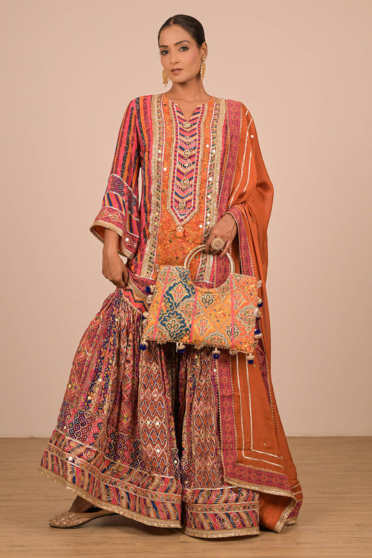 Orange Sharara Suit In Crepe Fabric with Canvas Tote Bag