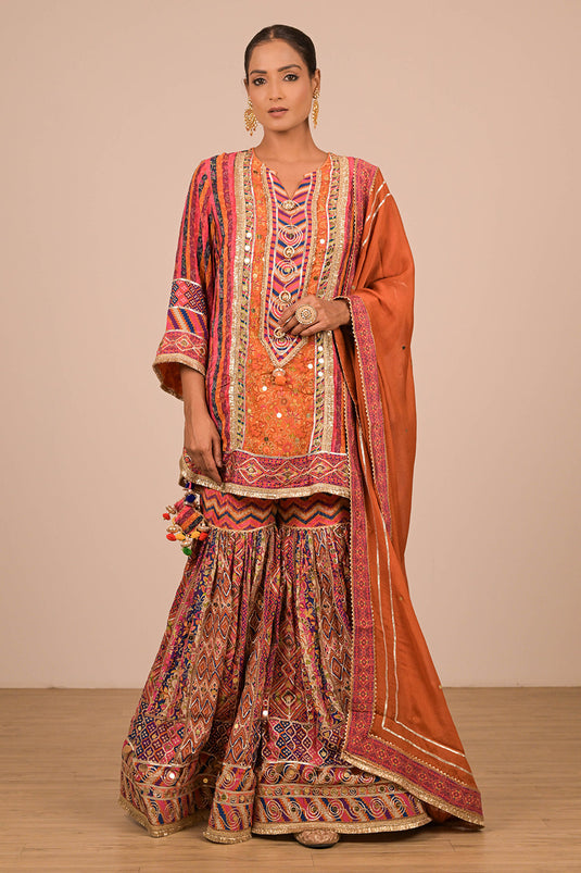 Orange Sharara Suit In Crepe Fabric with Canvas Tote Bag
