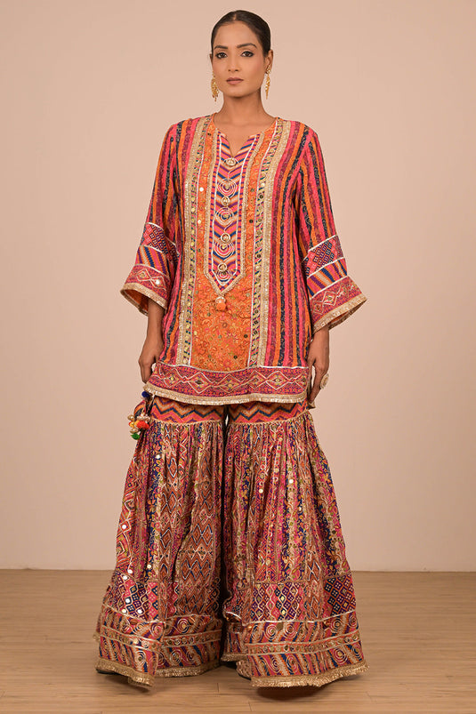 Orange Sharara Suit In Crepe Fabric with Canvas Tote Bag