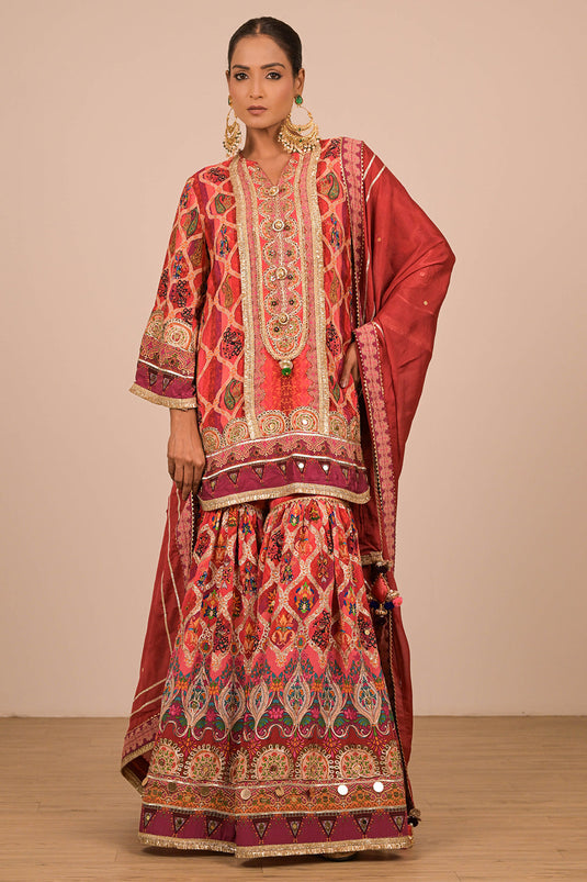 Persian Red Crepe Sharara Set with Canvas Tote Bag with Vibrant Print Motifs