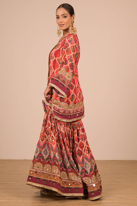 Persian Red Crepe Sharara Set with Canvas Tote Bag with Vibrant Print Motifs