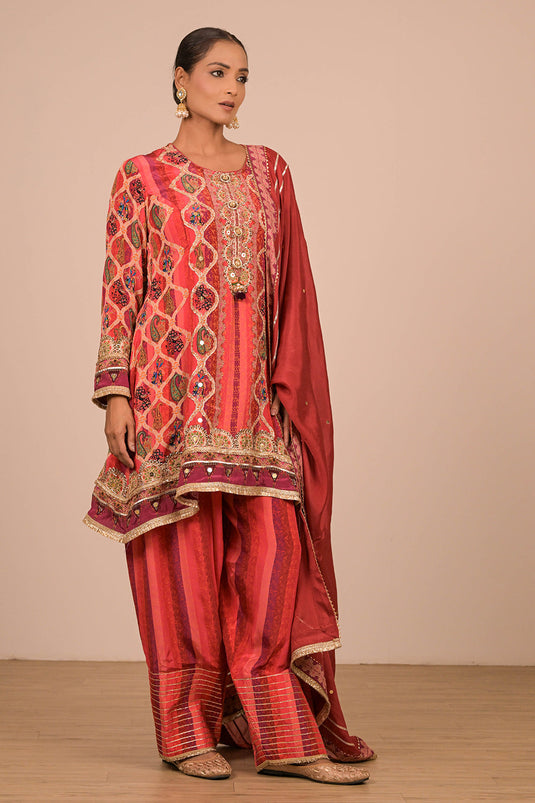 Persian Red Crepe Suit Set with Farsi Salwar with Canvas Tote Bag
