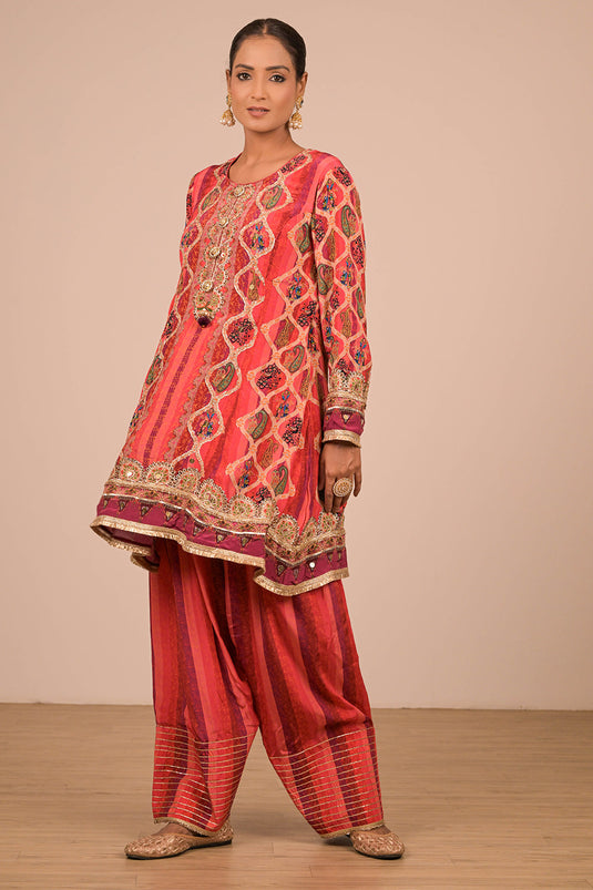 Persian Red Crepe Suit Set with Farsi Salwar with Canvas Tote Bag