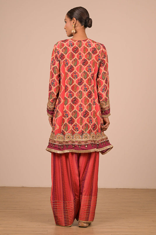 Persian Red Crepe Suit Set with Farsi Salwar with Canvas Tote Bag