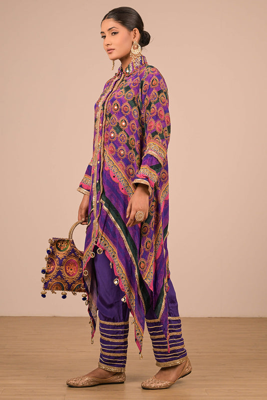 Purple Asymmetric Hem Kurta Set In Crepe Fabric with Canvas Tote Bag