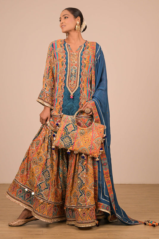 Sapphire Blue Crepe Sharara Set with Canvas Tote Bag with Vibrant Print Motifs
