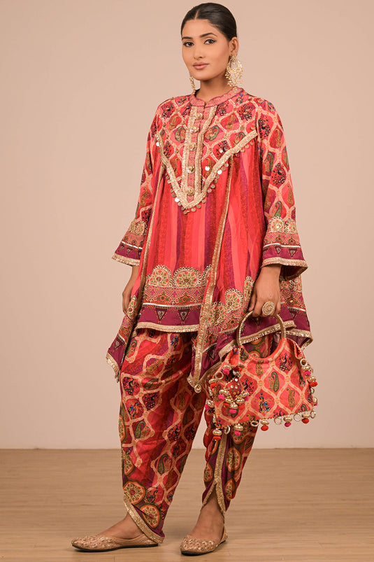 Vibrant Persian Red Crepe Suit Set with Tulip Pants and Heavy Embroidered Potli Bag
