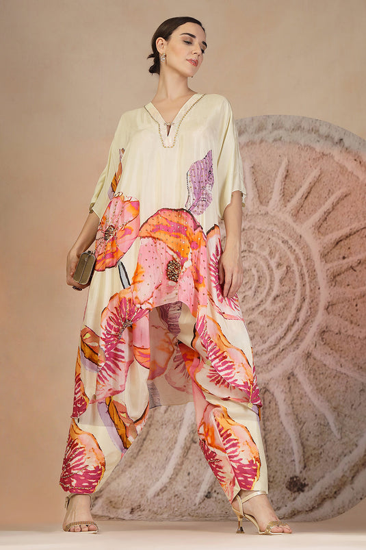 Ivory Coral Printed Kurta Set in Muslin Silk with Bead Detailing