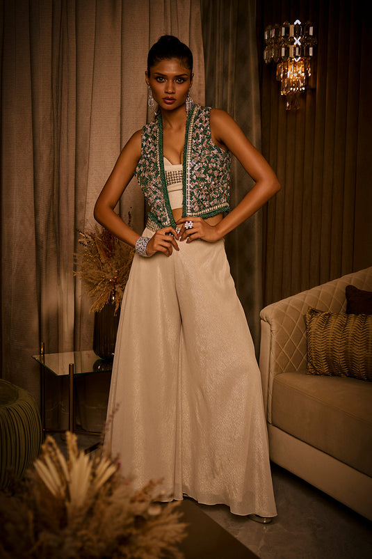 Ivory Flared Pants, Bustier and Green Jacket