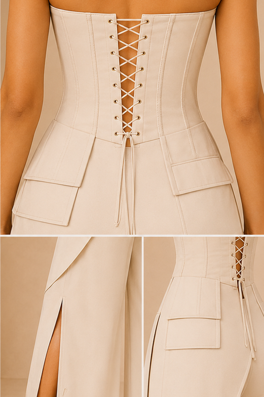 Ivory Sand Strapless Corset Top & Drape Wide-Leg Pants Co-Ord Set