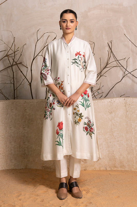Ivory Silk Chanderi Floral Printed Front Open Dress