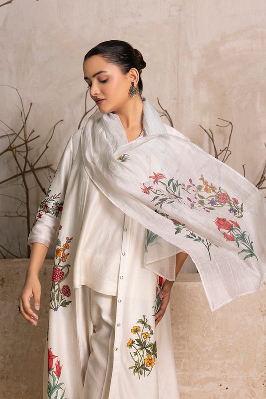 Ivory Silk Chanderi Floral Printed Front Open Dress
