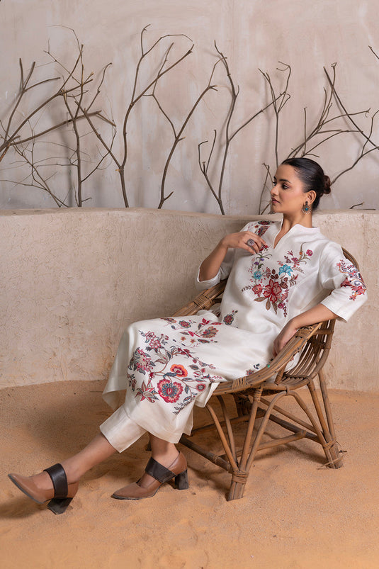 Ivory Silk Chanderi Floral Printed tunic