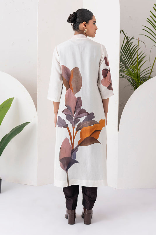 Ivory Viscose Dupion Leaf Printed Dress
