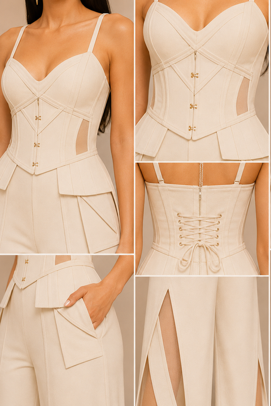 Ivory Corset Peplum Top with Wide-Leg Mesh Panel Pants Co-Ord Set