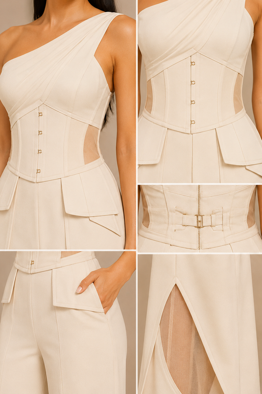 Ivory One-Shoulder Corset Jumpsuit with Wide-Leg Mesh Panel Pants