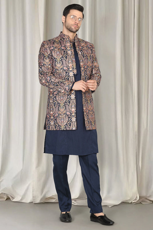 Kashmiriyat Embroidered Long Open Jacket With Kurta And  Pants