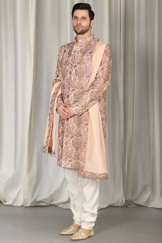 Kashmiriyat Sherwani Set With Kurta , Dupatta And Pants