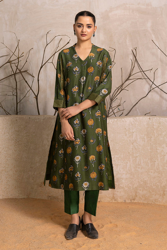 Leaf Green Silk Chanderi Printed Tunic