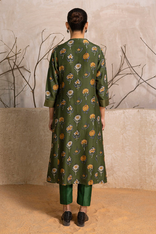 Leaf Green Silk Chanderi Printed Tunic