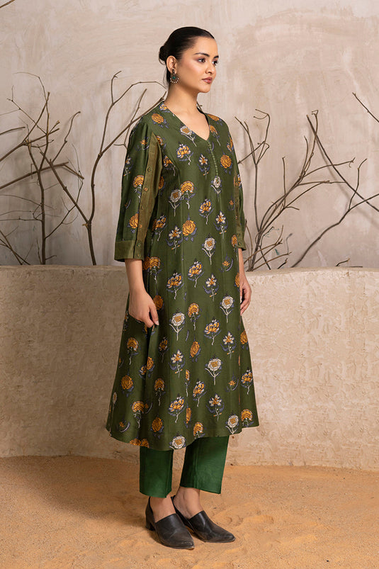 Leaf Green Silk Chanderi Printed Tunic