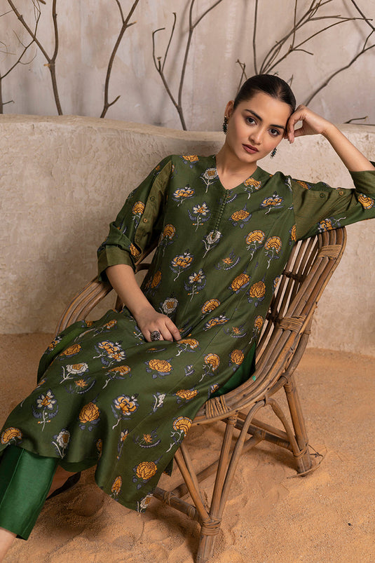 Leaf Green Silk Chanderi Printed Tunic