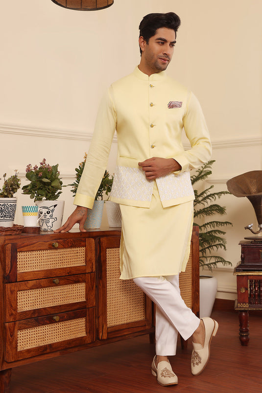 Lemon Kurta pants with embroidered Nehru Jacket