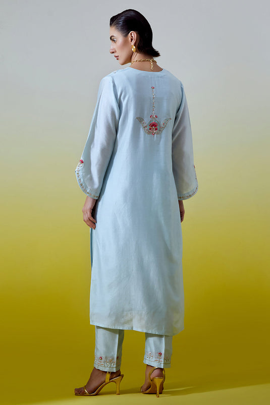 Light Blue Notched neck kurta with pant