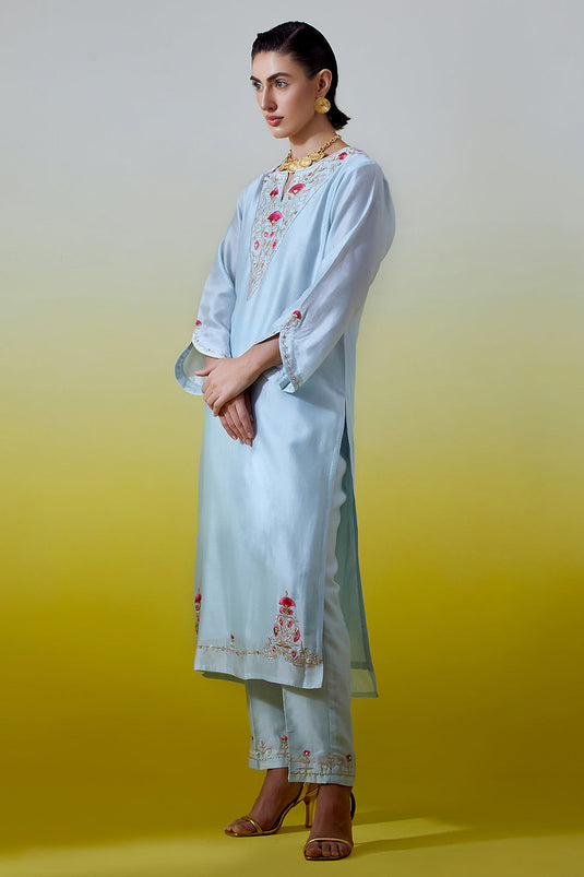 Light Blue Notched neck kurta with pant