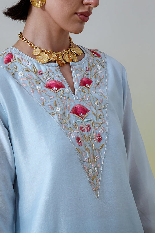Light Blue Notched neck kurta with pant