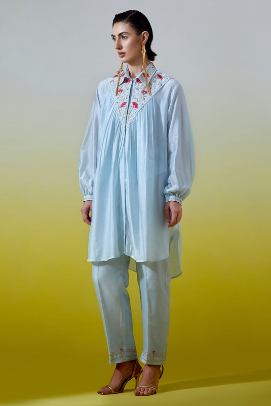 Light Blue Shirt with pintucks and pant