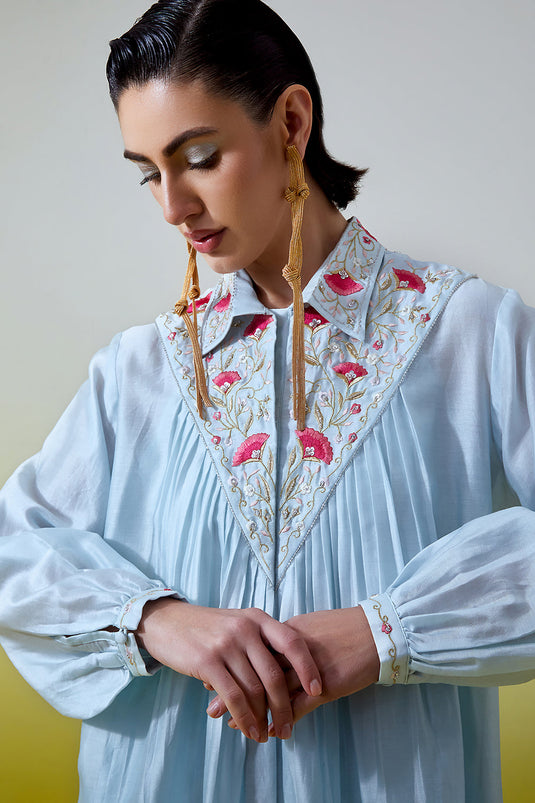 Light Blue Shirt with pintucks and pant