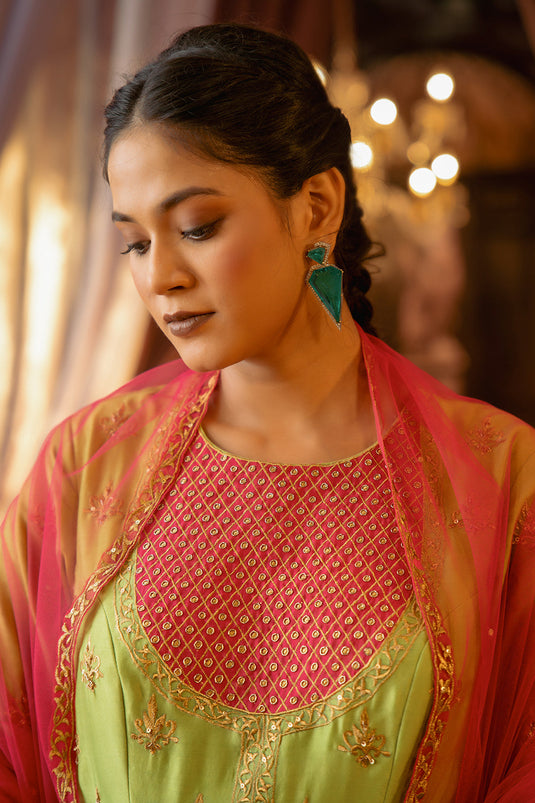 Lime Green And Magenta Peplum With Sharara