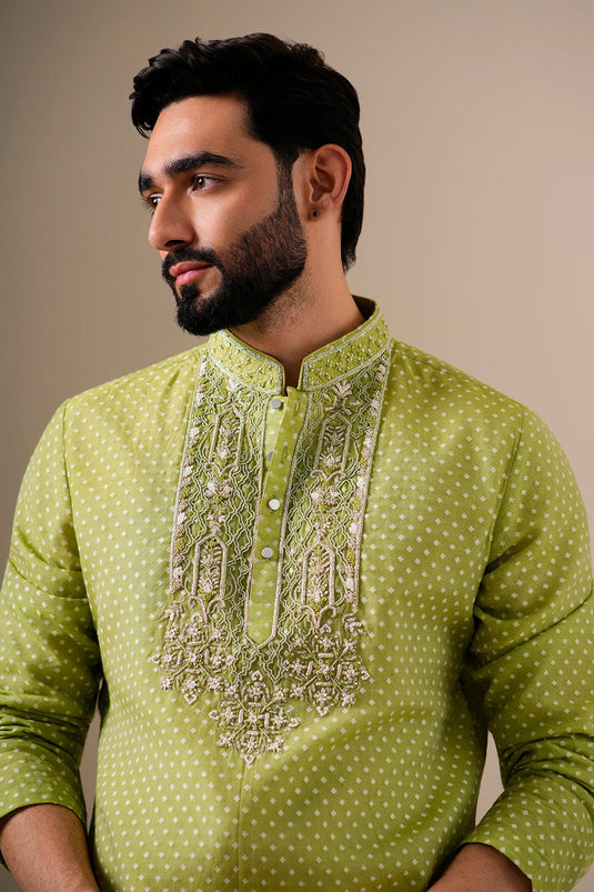 Lime Green Zari Kurta Set