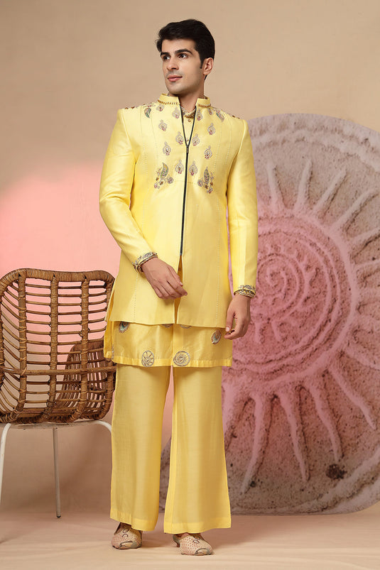 Long Kurta With Embroidery  Jacket And Palazzo Pant