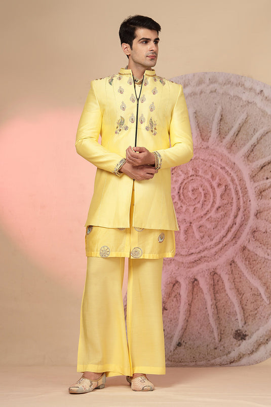 Long Kurta With Embroidery  Jacket And Palazzo Pant