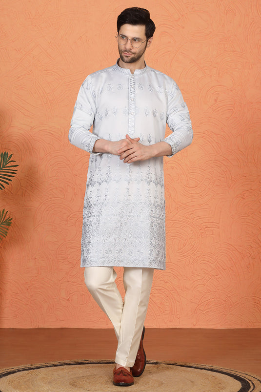 Lucknowi  Embroidered Nawaab Saab Kurta with Back Elastic Pants