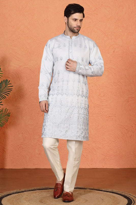 Lucknowi  Embroidered Nawaab Saab Kurta with Back Elastic Pants
