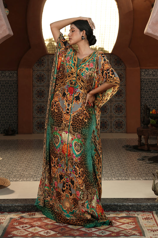 Turquoise Printed Kaftan Gown