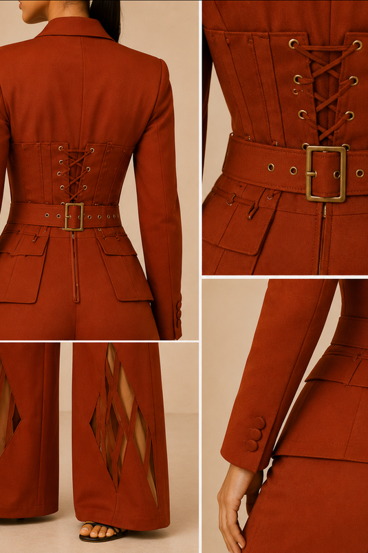 Luxury Rust Blazer Set with Cutout Wide-Leg Trousers