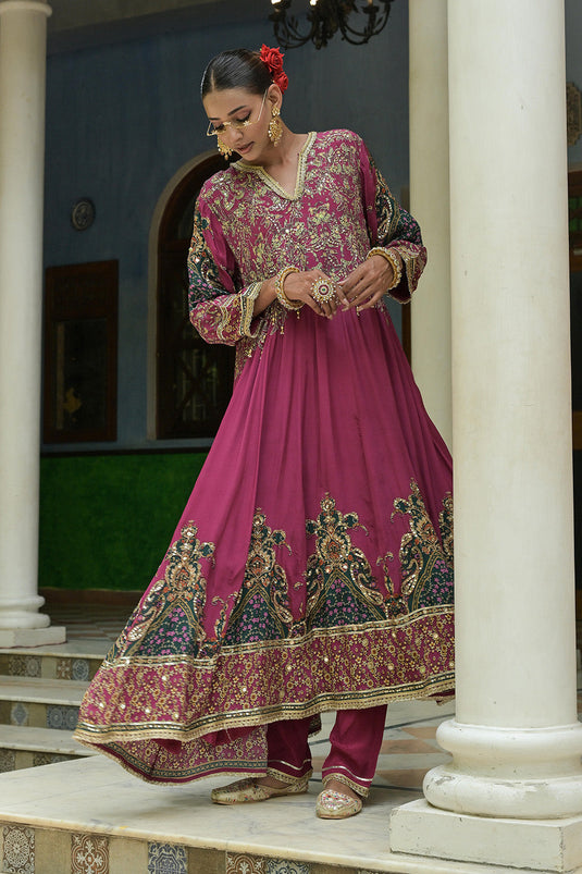 Magenta Pink Crepe Anarkali Suit With Teal Embroidered Dupatta Design