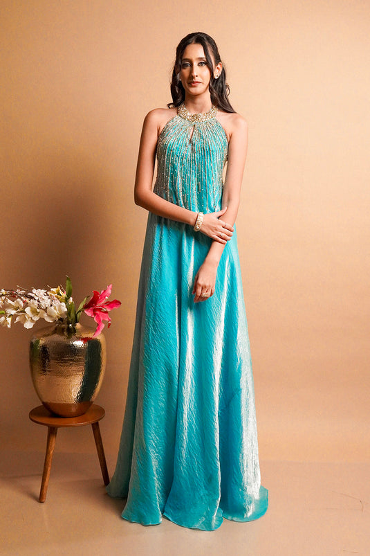 Maris Blue Halter Gown