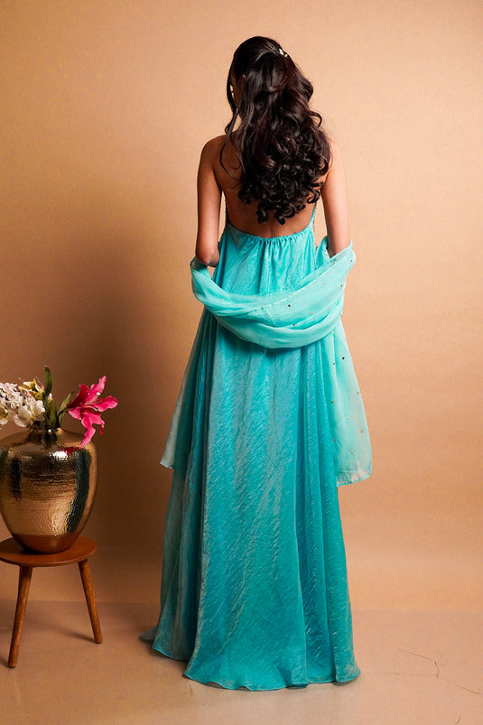 Maris Blue Halter Gown with Dupatta