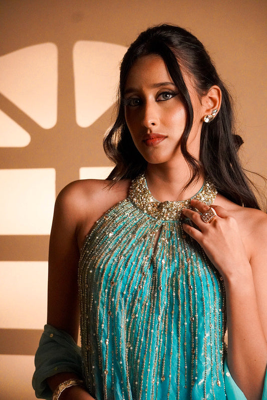 Maris Blue Halter Gown with Dupatta