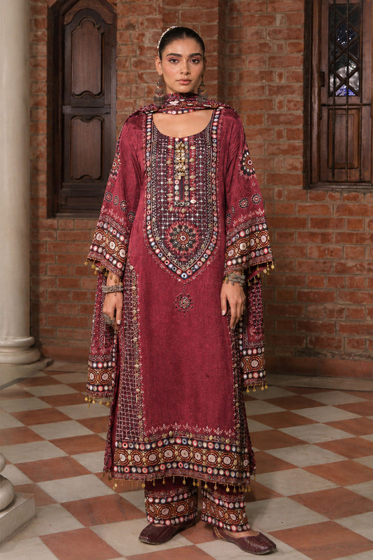 Maroon Crepe A Line Long Kurta Set With Printed Detailing
