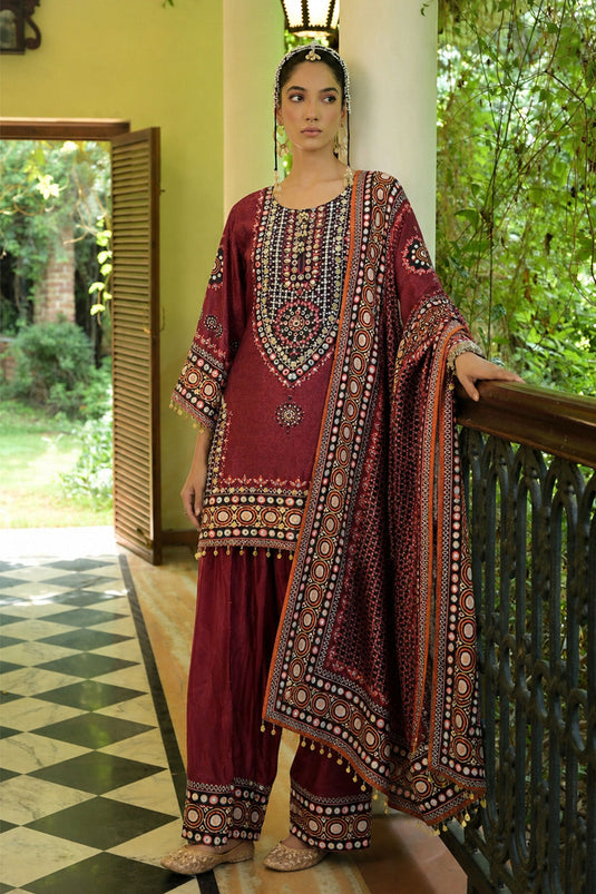 Maroon Crepe Short Kurti With Printed Farshi Pants And Dupatta