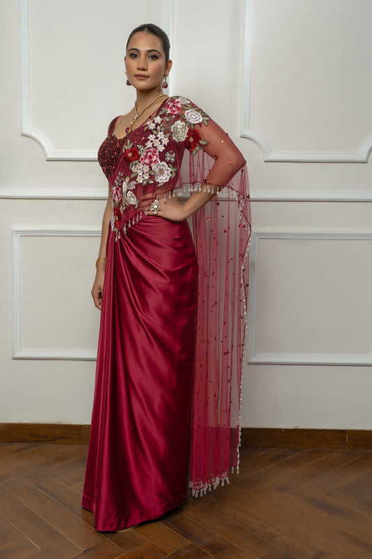 Maroon Drape Saree Set